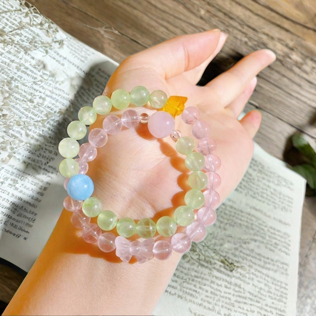 Natural Prehnite & Pink Quartz Double-Strand Bracelet