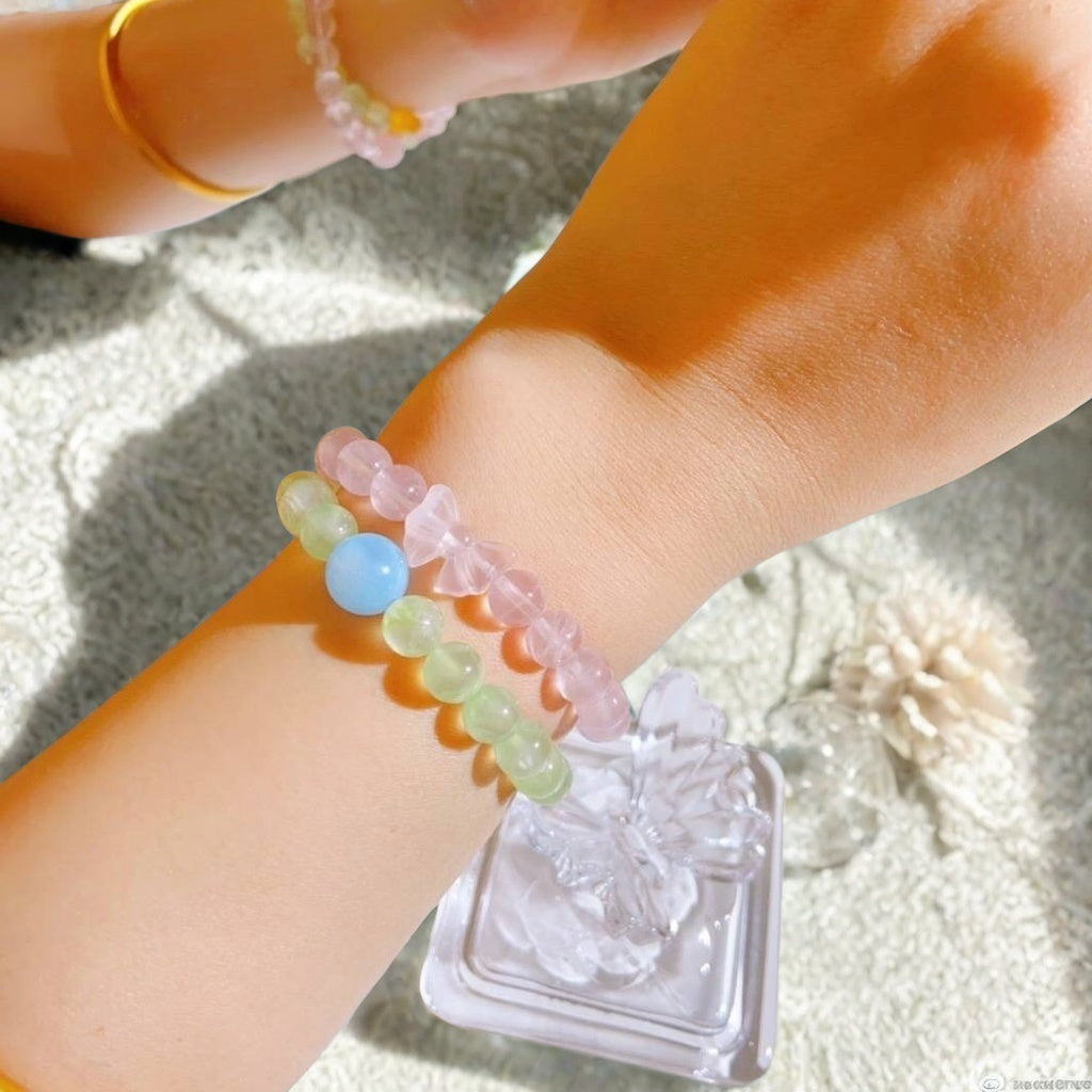 Natural Prehnite & Pink Quartz Double-Strand Bracelet