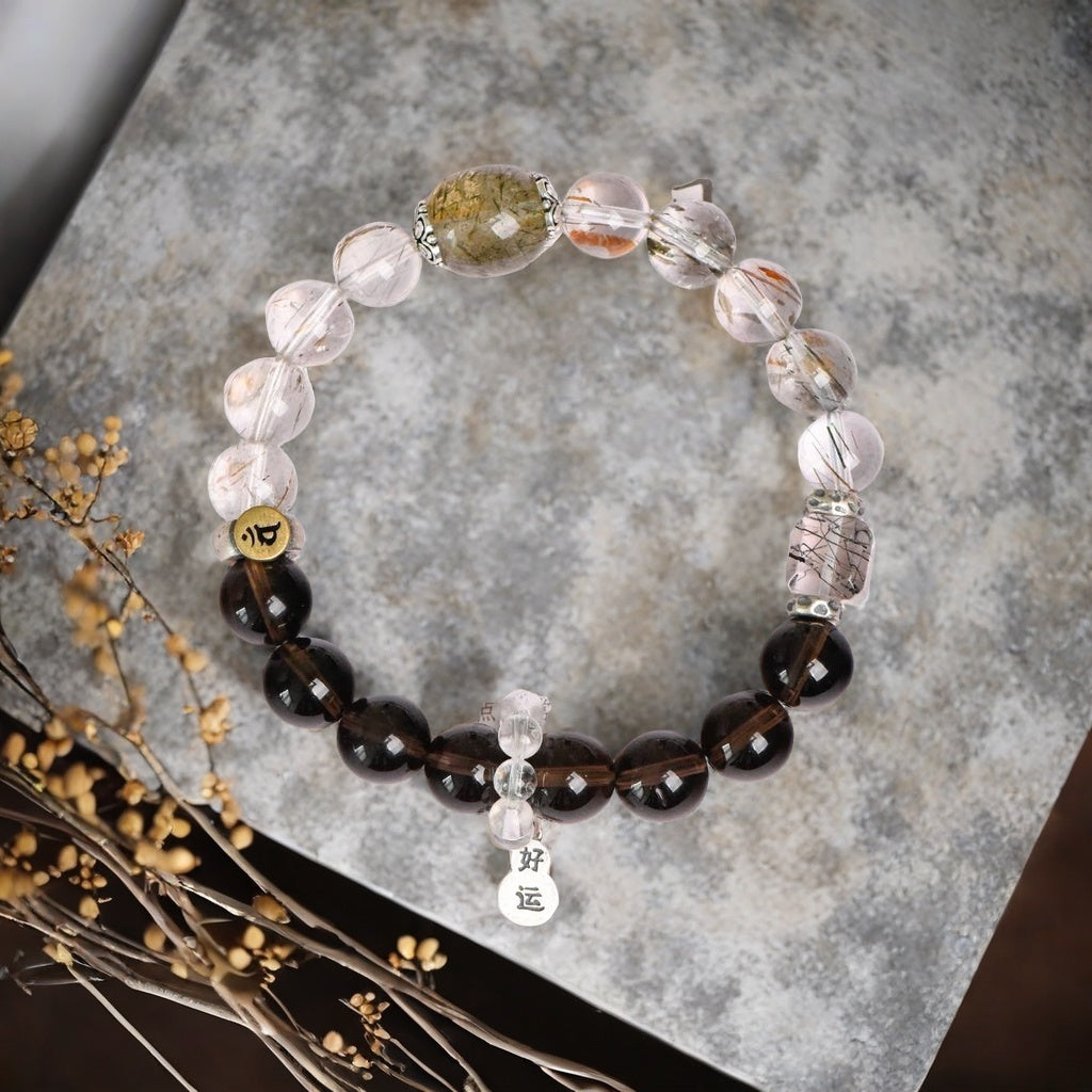 Smoky Quartz with Black Gold Super Seven Single-Strand Bracelet