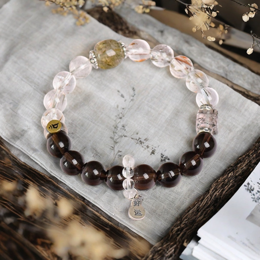 Smoky Quartz with Black Gold Super Seven Single-Strand Bracelet