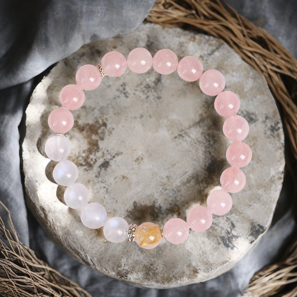 Natural Pink Quartz & Blue Moonstone Single-Strand Bracelet
