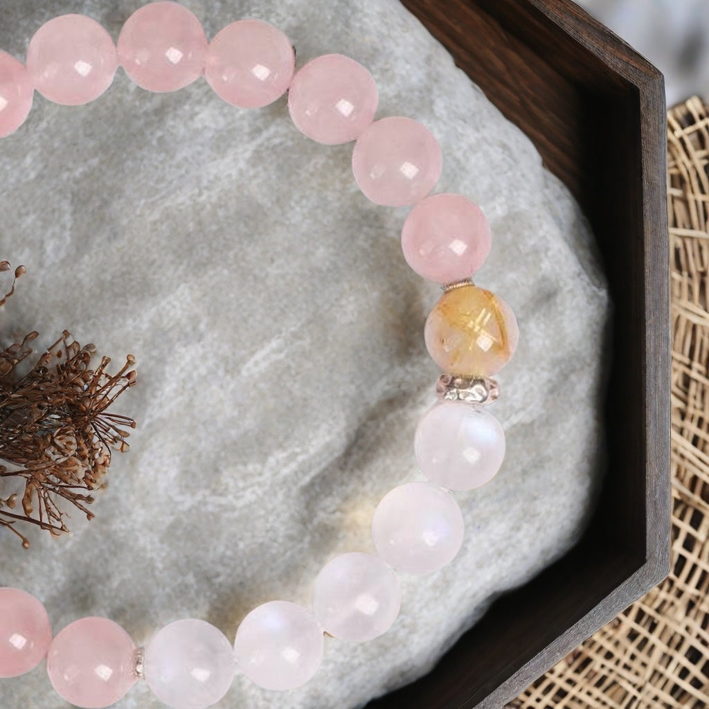 Natural Pink Quartz & Blue Moonstone Single-Strand Bracelet