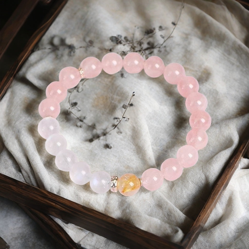 Natural Pink Quartz & Blue Moonstone Single-Strand Bracelet