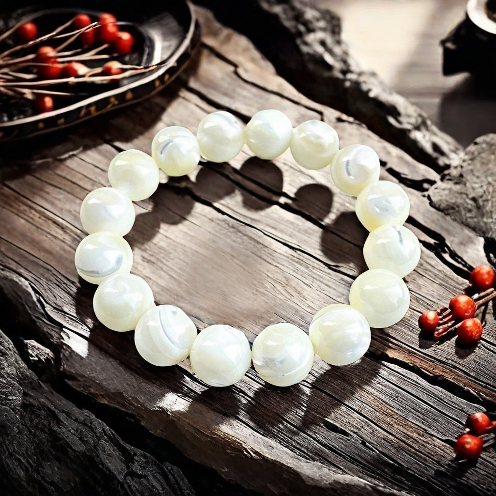 Silver Shell Bead Bracelet - Natural Deep Sea White Shell